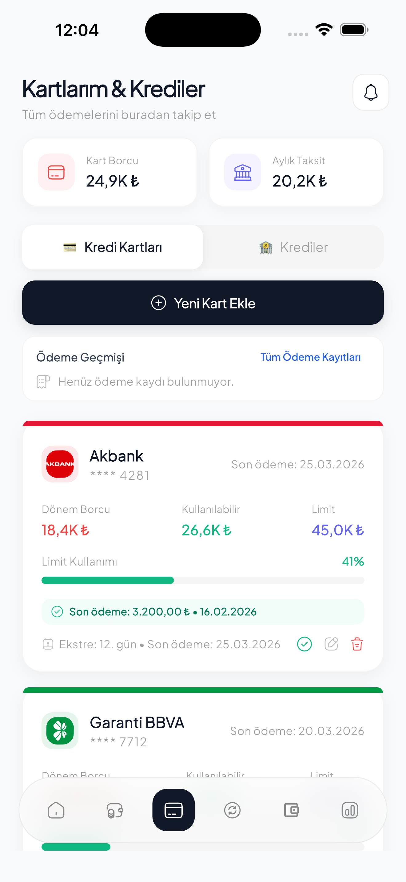 Kredi kartı borç takibi ve taksit planlama ekranı